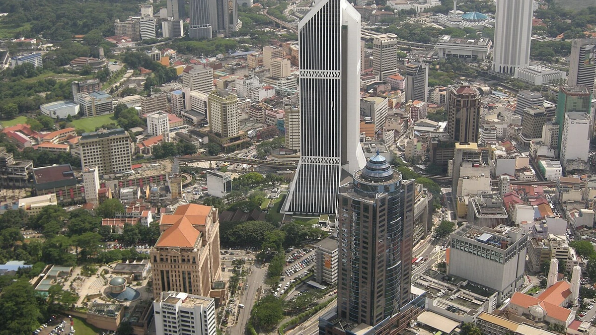 Aerial view of Maybank Tower and surrounding buildings in Kuala Lumpur, Malaysia.