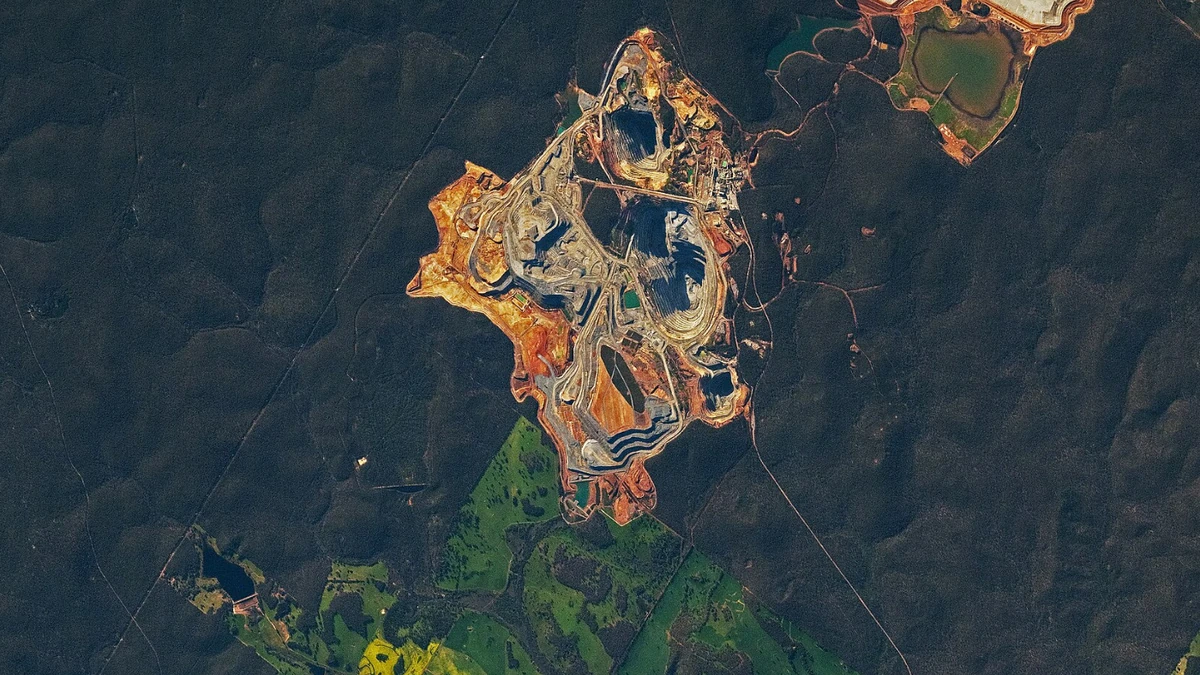 Satellite view of the Boddington mining area in Western Australia.