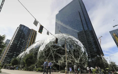 The Amazon Spheres and office buildings at Amazon's headquarters campus in Seattle, Washington.