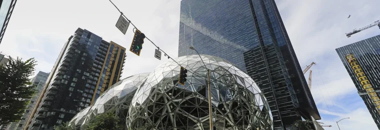The Amazon Spheres and office buildings at Amazon's headquarters campus in Seattle, Washington.