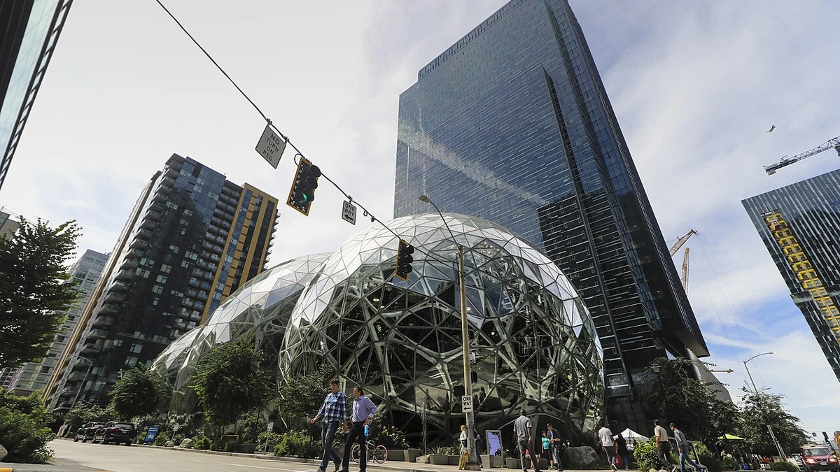 The Amazon Spheres and office buildings at Amazon's headquarters campus in Seattle, Washington.