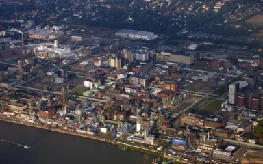 Aerial view of Bayer’s Leverkusen site beside the Rhine in Germany.