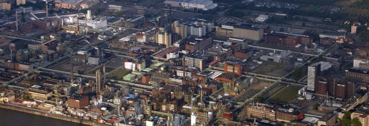 Aerial view of Bayer’s Leverkusen site beside the Rhine in Germany.