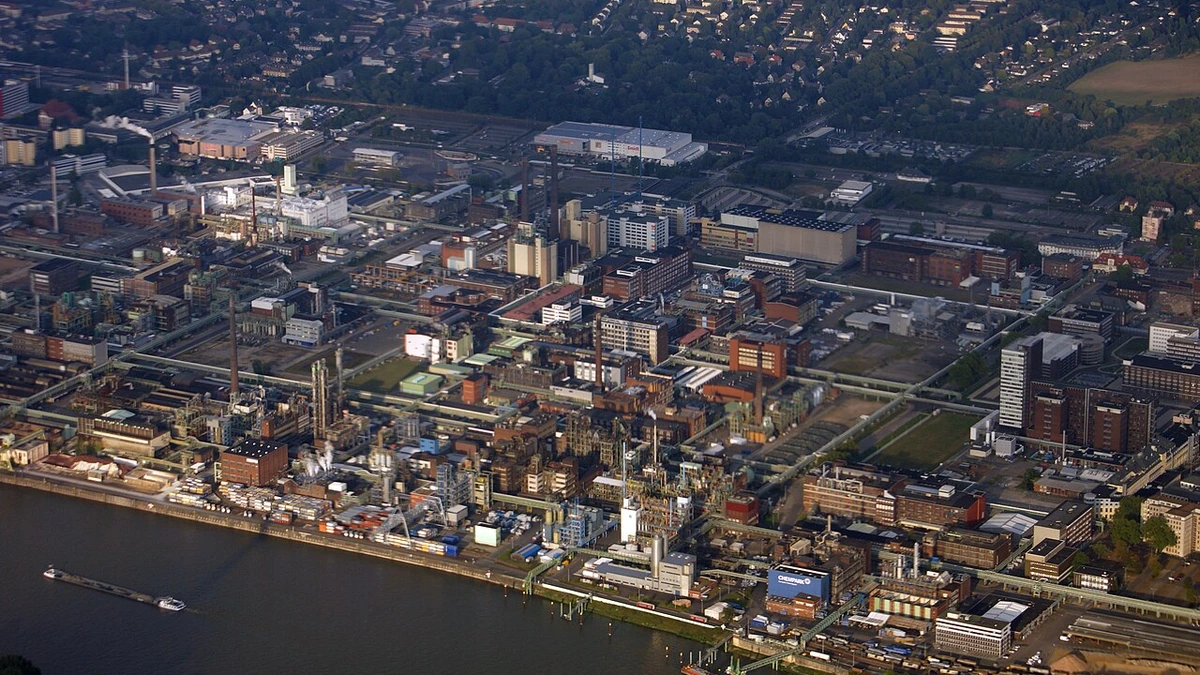 Aerial view of Bayer’s Leverkusen site beside the Rhine in Germany.