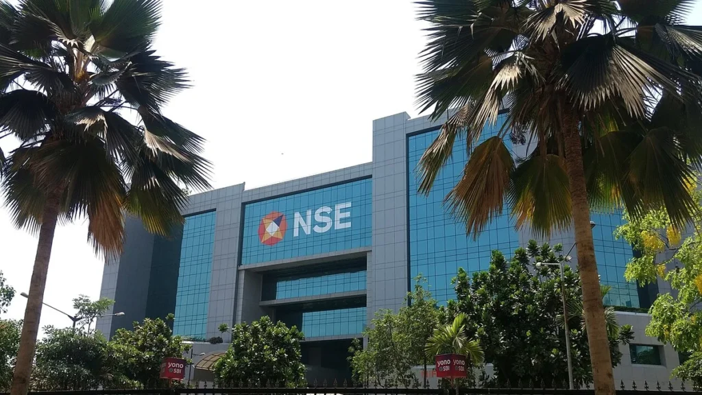 National Stock Exchange of India building in Mumbai with NSE signage.