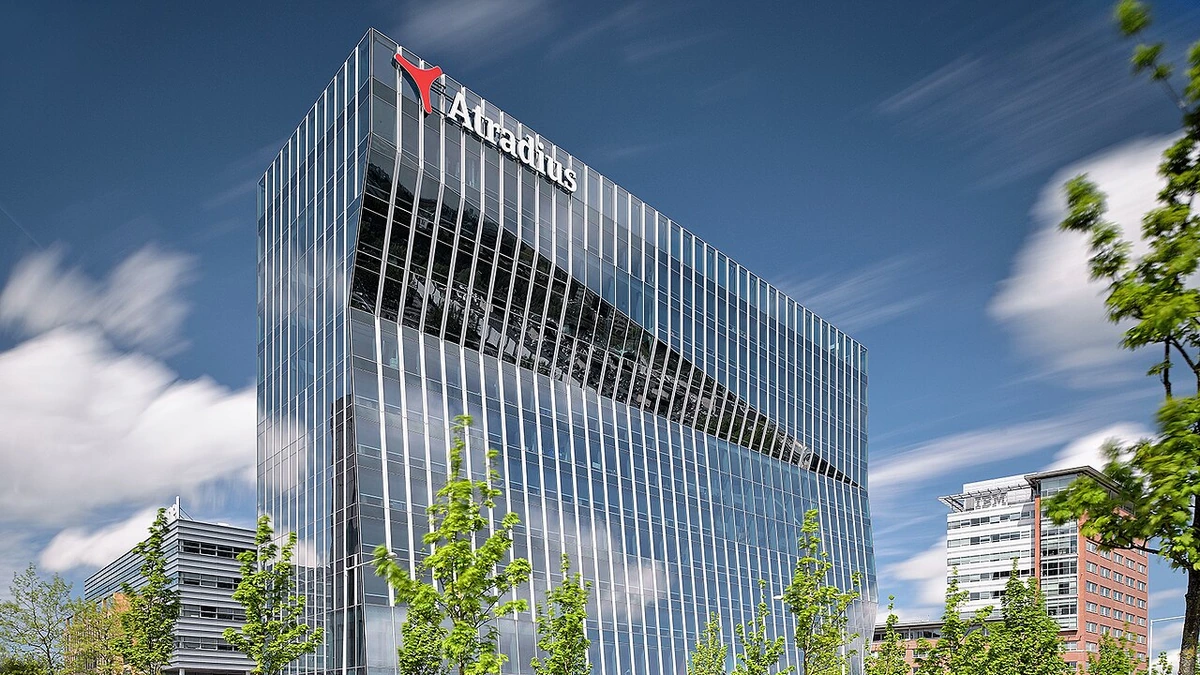 Atradius corporate headquarters building in Amsterdam with the Atradius sign visible near the roofline.
