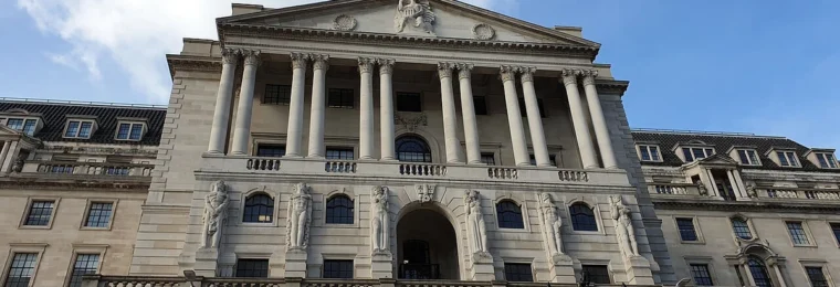 Front facade of the Bank of England building in London.