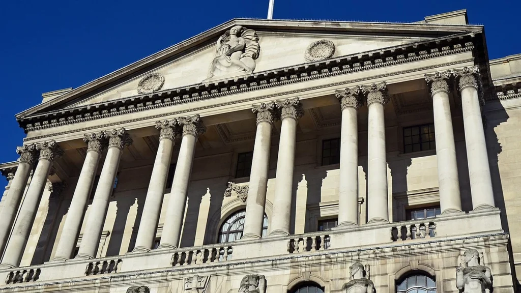 Facade of the Bank of England on Threadneedle Street in London.