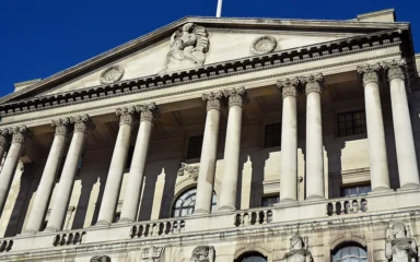 Facade of the Bank of England on Threadneedle Street in London.