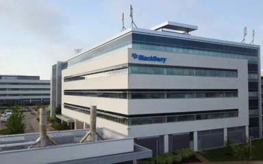 BlackBerry logo on a building at the company's Waterloo, Ontario campus.