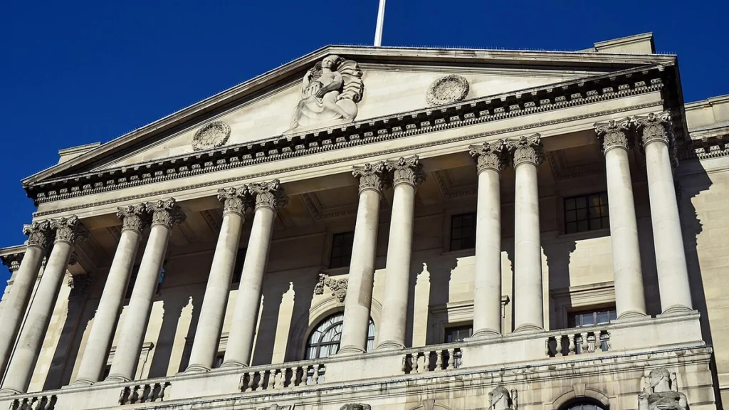 Facade of the Bank of England on Threadneedle Street in London.