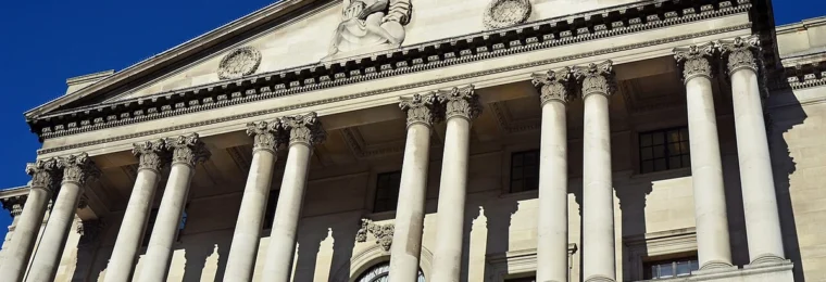 Facade of the Bank of England on Threadneedle Street in London.