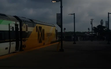 Brightline train at Orlando International Airport in Florida.