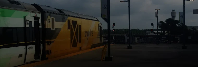 Brightline train at Orlando International Airport in Florida.