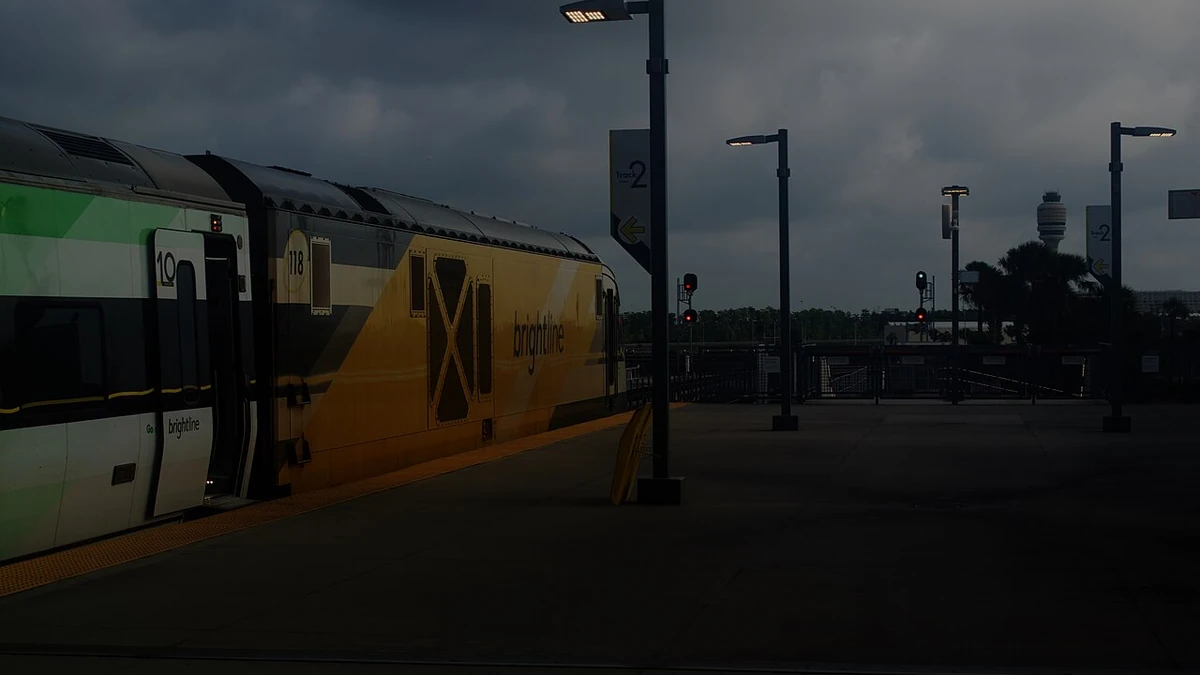 Brightline train at Orlando International Airport in Florida.