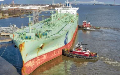 LPG tanker BW Volans being assisted by tugboats at Marcus Hook on the Delaware River.