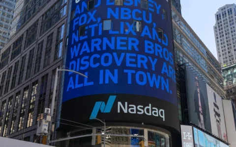 Nasdaq MarketSite tower in Times Square with the Nasdaq sign visible on its digital display.