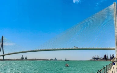 Gordie Howe International Bridge spanning the Detroit River between Detroit and Windsor.