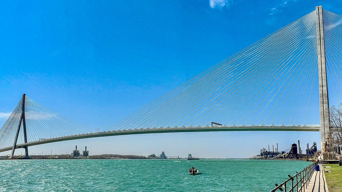 Gordie Howe International Bridge spanning the Detroit River between Detroit and Windsor.