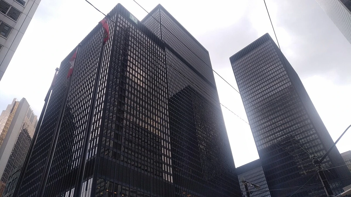 Office towers in Toronto’s Financial District viewed from street level.