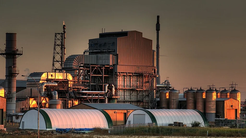 Refinery buildings and petroleum infrastructure in Edmonton, Alberta, Canada.