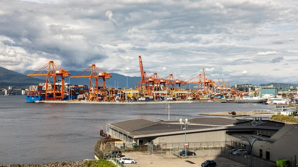 Container cranes and shipping containers at Vancouver Centerm Terminal in British Columbia, Canada.