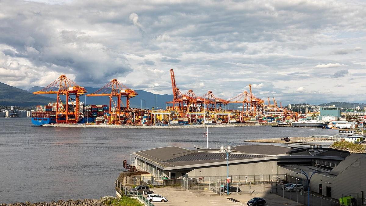 Container cranes and shipping containers at Vancouver Centerm Terminal in British Columbia, Canada.