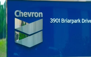 Chevron corporate office sign at 3901 Briarpark Drive in Houston, Texas.