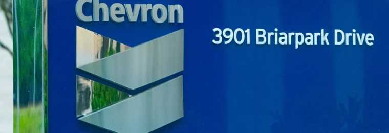 Chevron corporate office sign at 3901 Briarpark Drive in Houston, Texas.