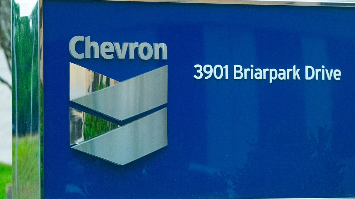 Chevron corporate office sign at 3901 Briarpark Drive in Houston, Texas.
