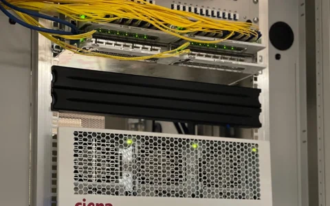 Ciena 6500 optical networking equipment installed in a rack.