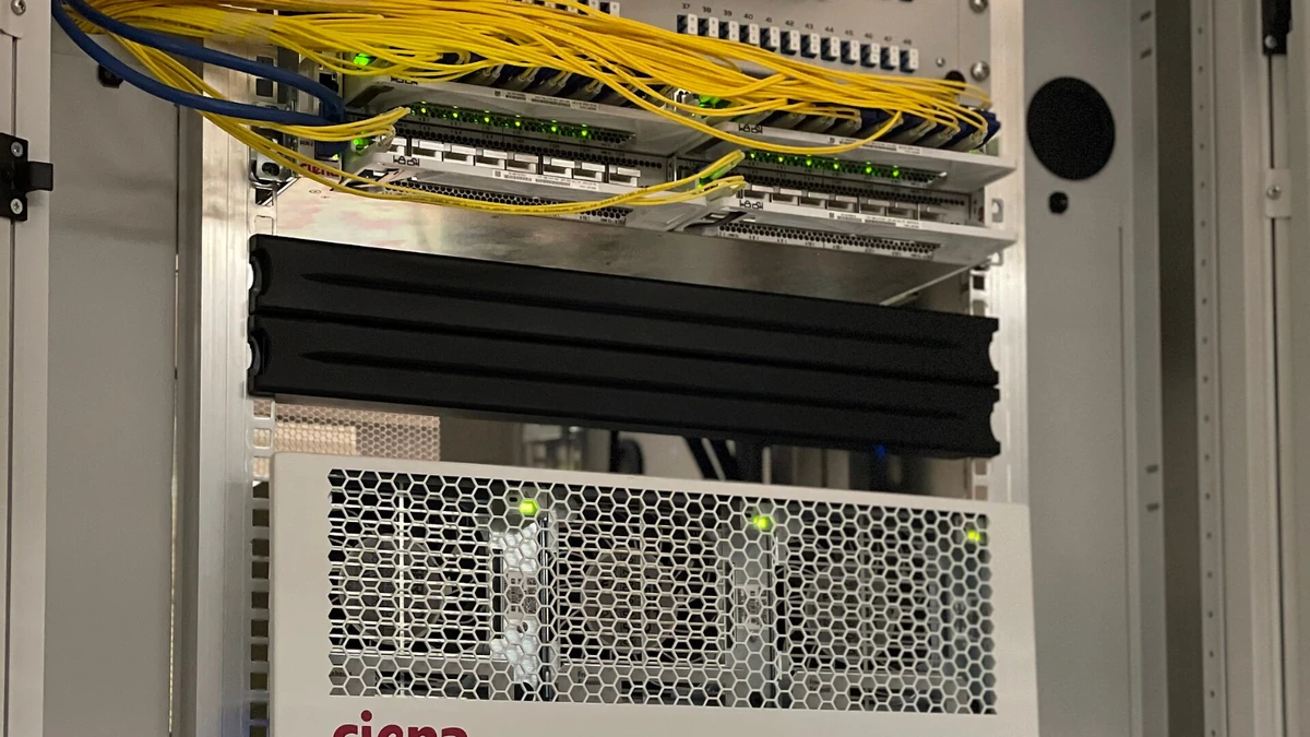 Ciena 6500 optical networking equipment installed in a rack.