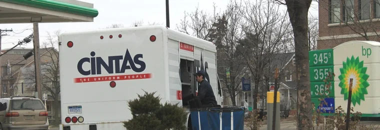 A Cintas delivery truck parked on a street in Ann Arbor, Michigan.
