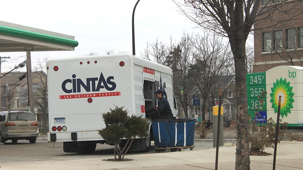 A Cintas delivery truck parked on a street in Ann Arbor, Michigan.