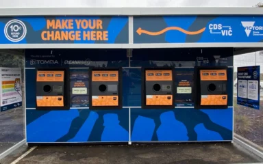 Reverse vending machines for Victoria's container deposit scheme at a site operated by Cleanaway and TOMRA in Sunshine, Victoria.