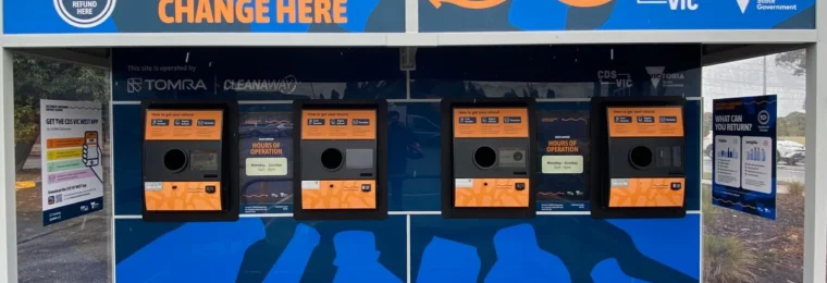 Reverse vending machines for Victoria's container deposit scheme at a site operated by Cleanaway and TOMRA in Sunshine, Victoria.