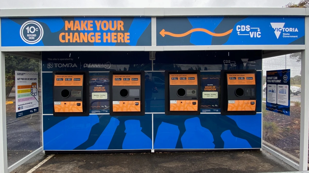 Reverse vending machines for Victoria's container deposit scheme at a site operated by Cleanaway and TOMRA in Sunshine, Victoria.