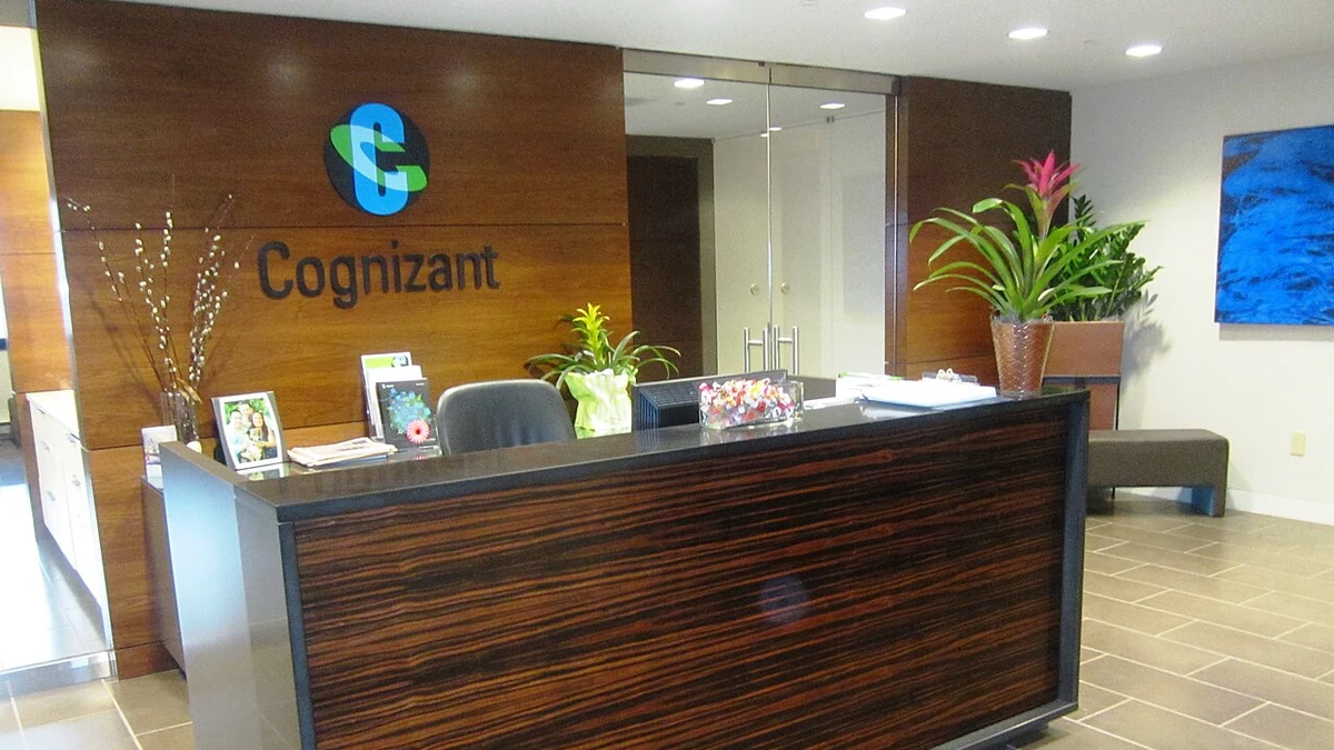 Reception area at Cognizant's office in Teaneck, New Jersey, with Cognizant branding on the wall.