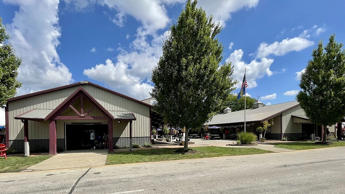 Exterior of the Corteva Agriscience FFA Pavilion at the Indiana State Fair in Indianapolis.