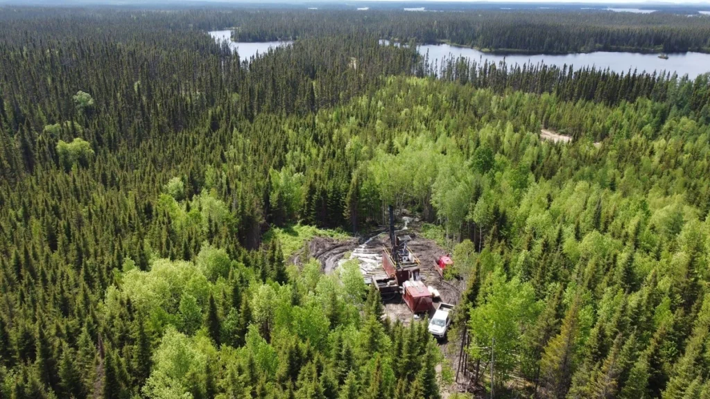 Aerial view of a Cygnus Metals drill rig at Corner Bay in Quebec's Chibougamau district.