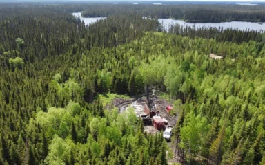 Aerial view of a Cygnus Metals drill rig at Corner Bay in Quebec's Chibougamau district.