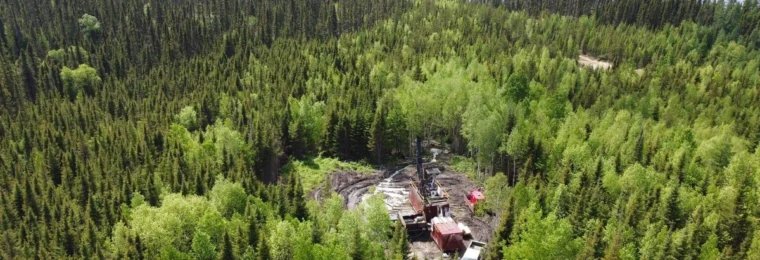 Aerial view of a Cygnus Metals drill rig at Corner Bay in Quebec's Chibougamau district.