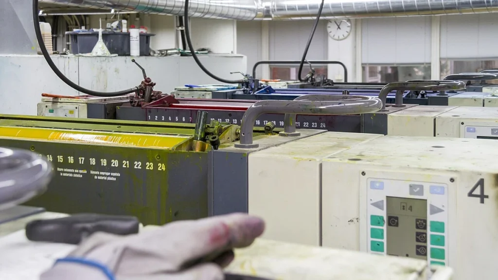 MAN Roland sheetfed offset printing press with ink units and controls.