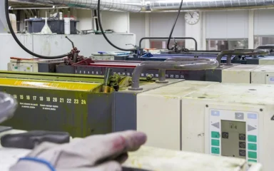 MAN Roland sheetfed offset printing press with ink units and controls.