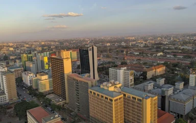 Aerial view of Nairobi's central business district in late-afternoon light.