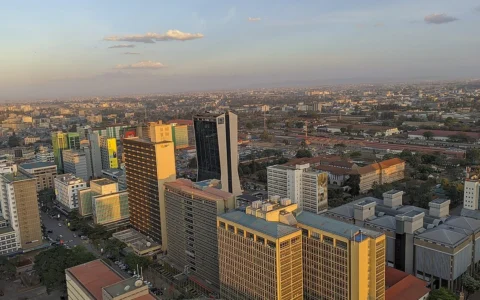 Aerial view of Nairobi's central business district in late-afternoon light.