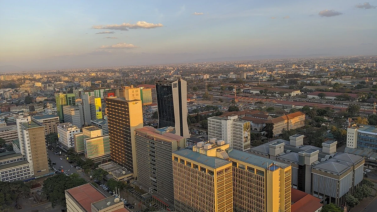 Aerial view of Nairobi's central business district in late-afternoon light.