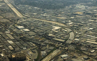 Aerial view of an industrial warehouse district in Vernon, California.