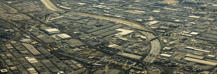 Aerial view of an industrial warehouse district in Vernon, California.