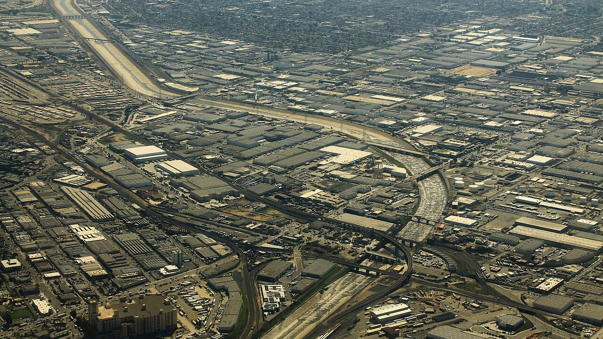 Aerial view of an industrial warehouse district in Vernon, California.